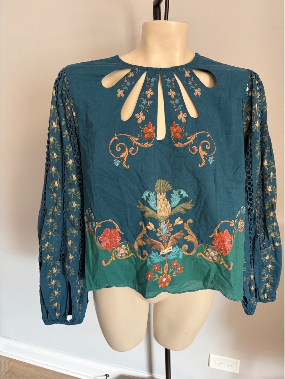Farm Rio for Anthropologie Teal Floral Long Sleeve Blouse